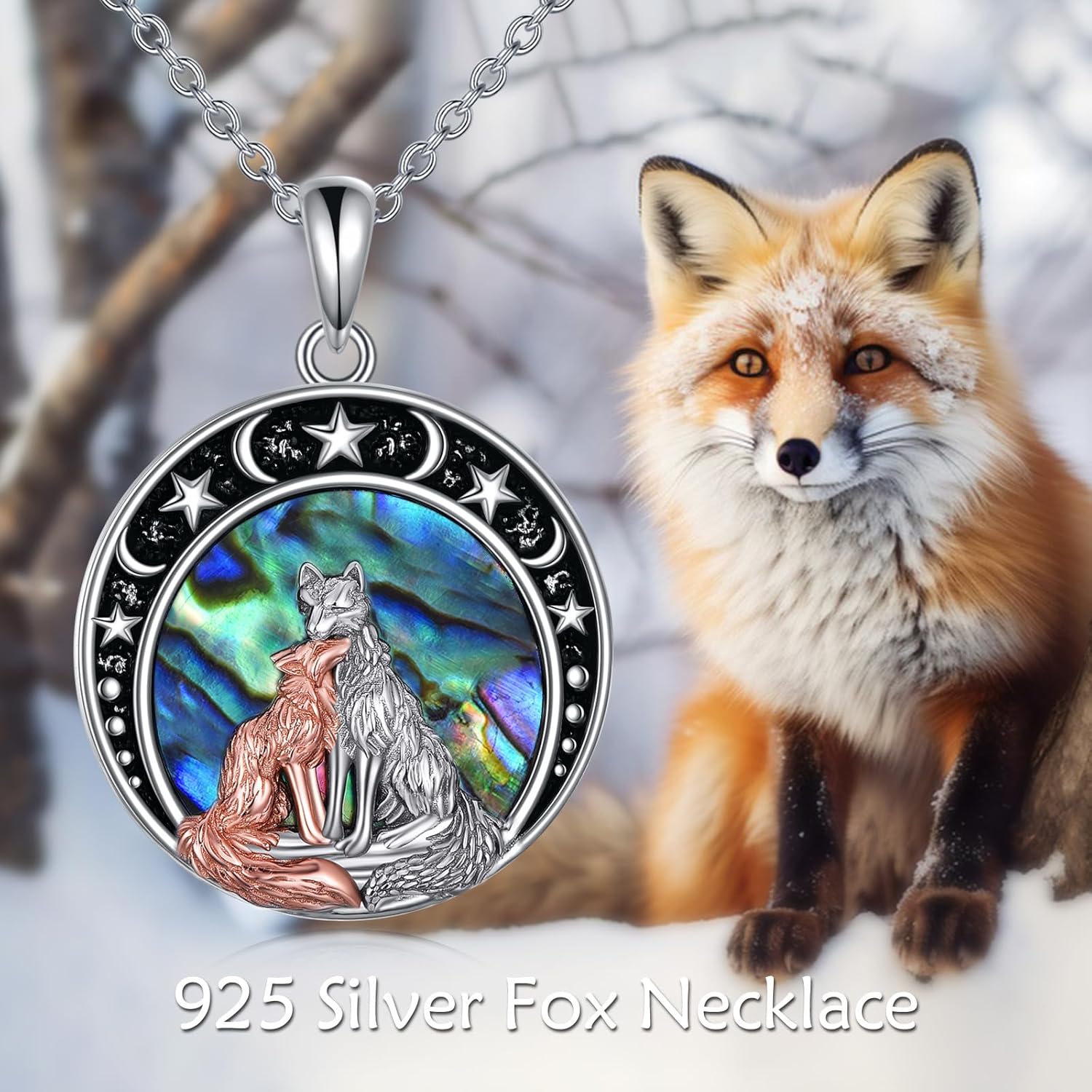 Animal Necklace Sterling Silver Double Cat/Wolf/Fox Pendant Moon and Star Necklace Jewelry Gifts for Women