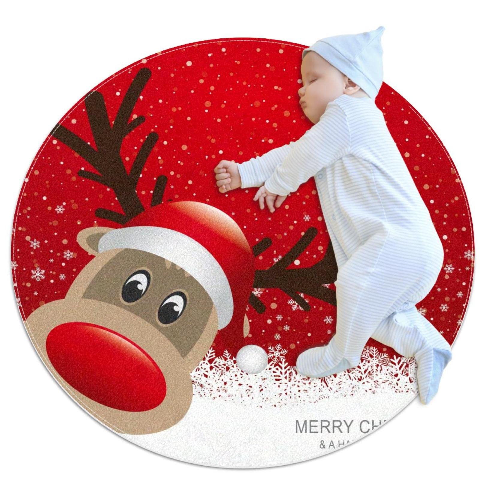 Tapis rond renne de Noël rouge de 100cm pour réchauffer une chambre d'enfant