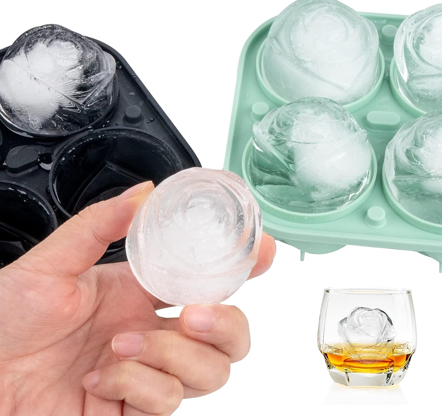 Lemonfilter Ice Cube Tray Silicone, 2 Pack Rose Ice Tray with Removable Lid Easy-Release Flexible Ice Molds 8 Ice Cubes for Chilling Cocktails, Whiskey, Bourbon & Homemade Juice (Black & Green)