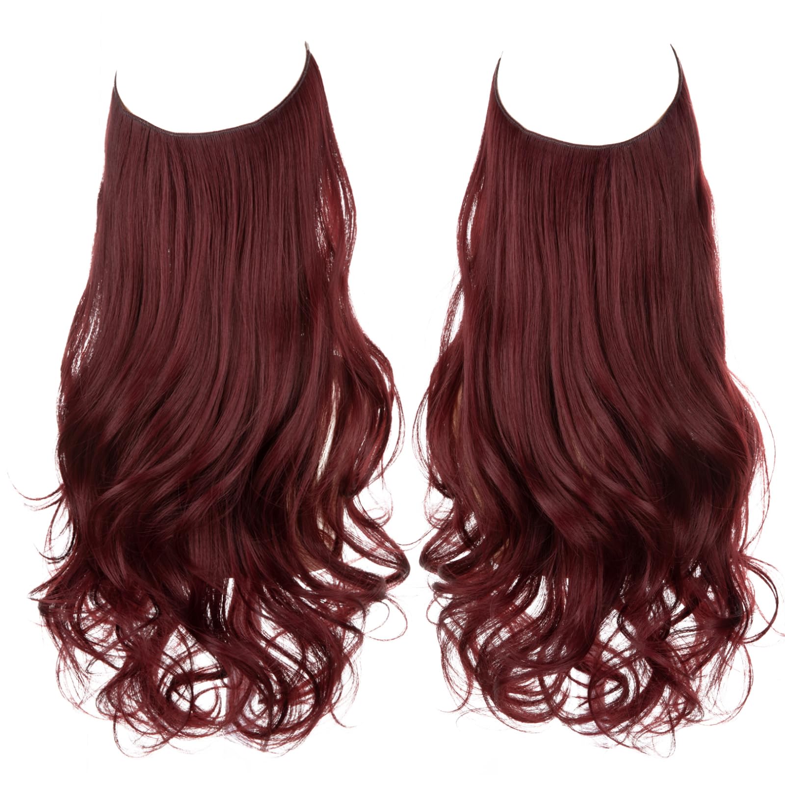 SARLA Invisible Wire Hair Extensions with 3 Clips Short 14 Inch Synthetic Wavy Curly Hairpiece for Women Adjustable Transparent Headband Wine Red - Image 2