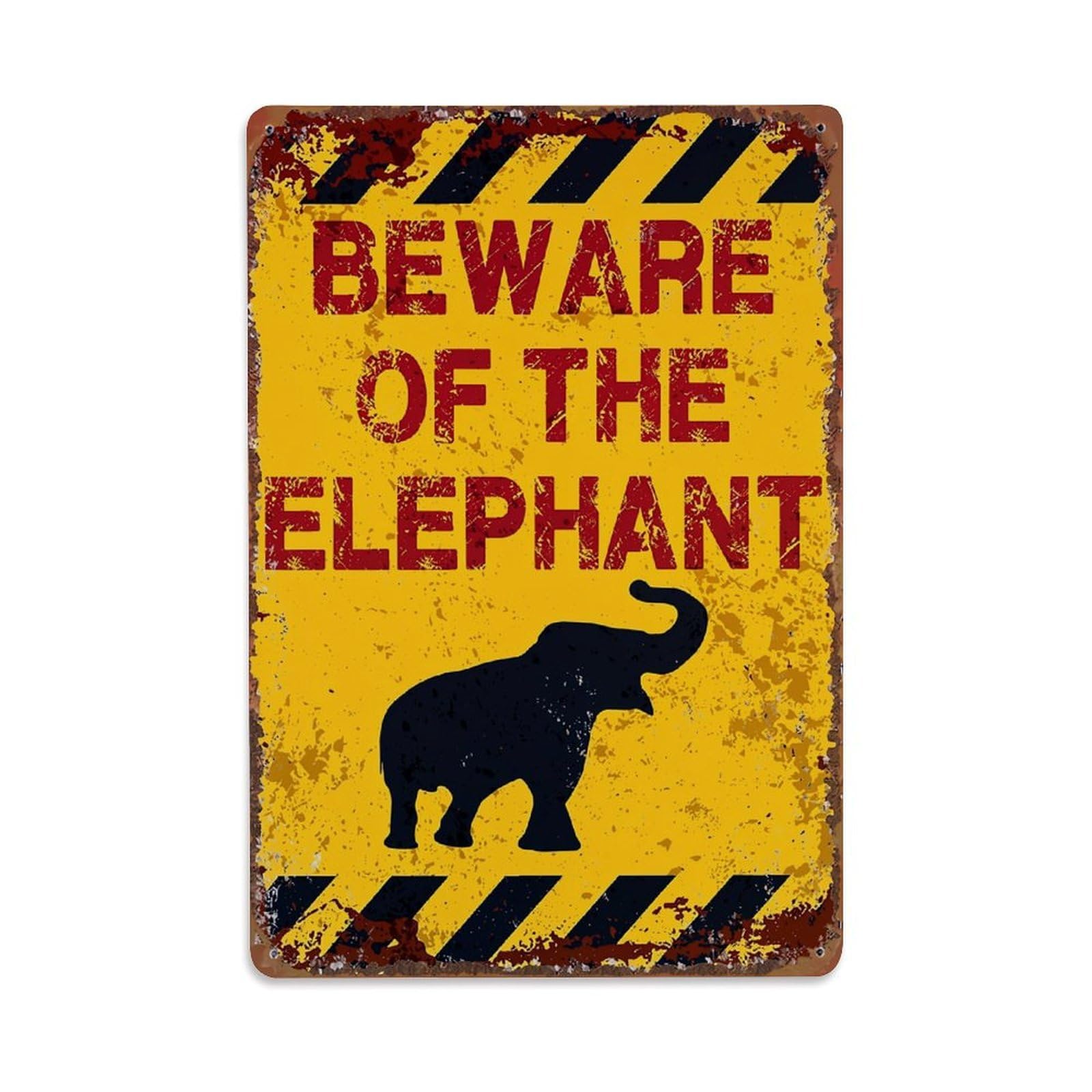 Beware Of The Elephant Sign Vintage Tin Sign Retro Metal Wall Decor Metal Poster, Home Bar Garage Farmhouse Cafe Wall Art Decoration 8x12Inches