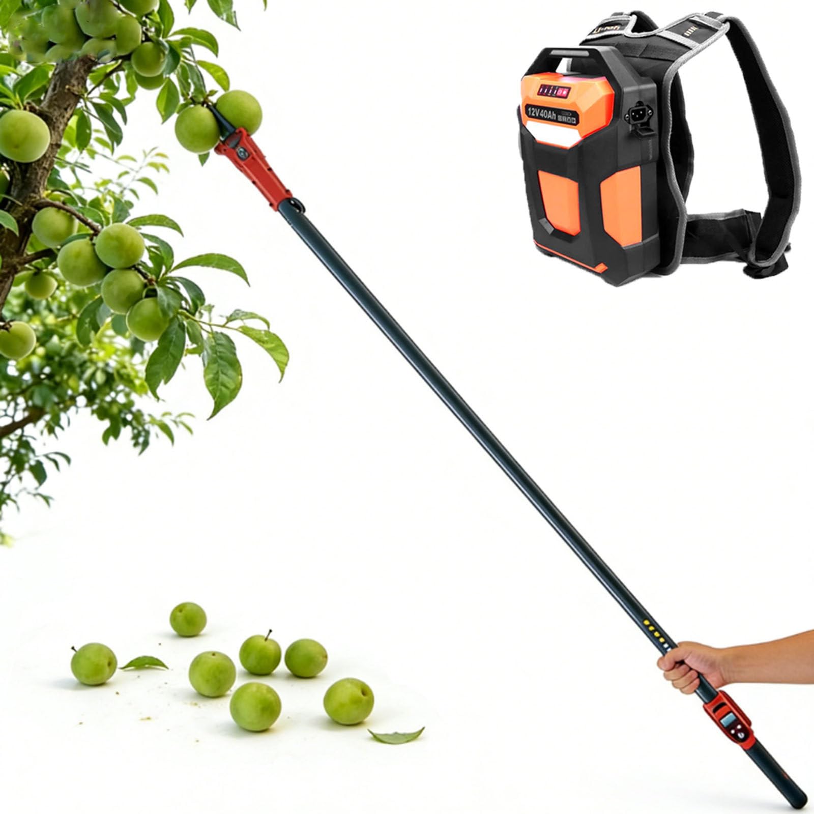 Raccogli Olive Elettrico con Asta Telescopica Senza Fili da 1,75-3 Metri,Raccoglitrice di Frutta Elettrica, Zaino con Batteria da 6-8 Ore,Doppia velocità per Frutti Morbidi E Duri 600W