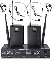 Sistema de microfone sem fio UHF de canal duplo, frequências ajustáveis 5 x 76 cm, sistema de microfone de lapela e fone de ouvido para reuniões, igreja, alcance de 91 m (2 bodypack)