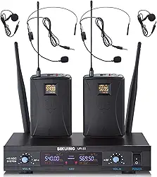 Sistema de microfone sem fio UHF de canal duplo, frequências ajustáveis 5 x 76 cm, sistema de microfone de lapela e fone de ouvido para reuniões, igreja, alcance de 91 m (2 bodypack)