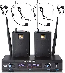 Sistema de microfone sem fio UHF de canal duplo, frequências ajustáveis 5 x 76 cm, sistema de microfone de lapela e fone de ouvido para reuniões, igreja, alcance de 91 m (2 bodypack)