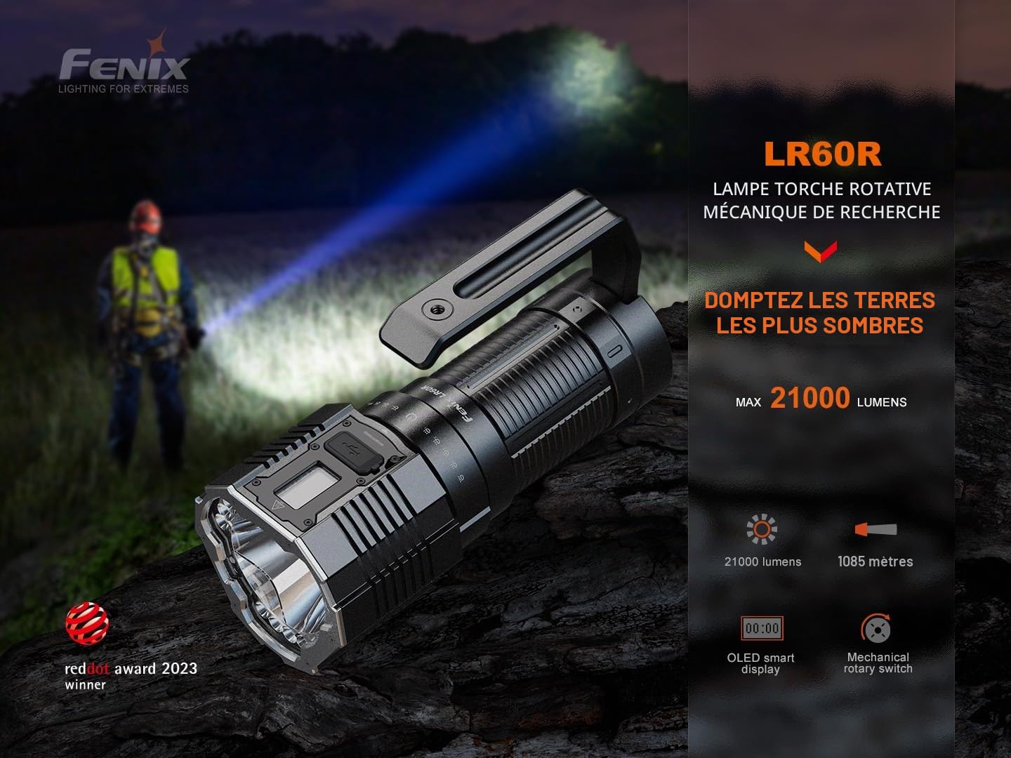 FENIX LR60R Lampe torche LED rechargeable longue portée ultra lumineuse 21 000 lumens 1085 m 113 heures maximum Batterie de grande capacité Charge rapide 45 W Écran OLED Batterie externe IP68
