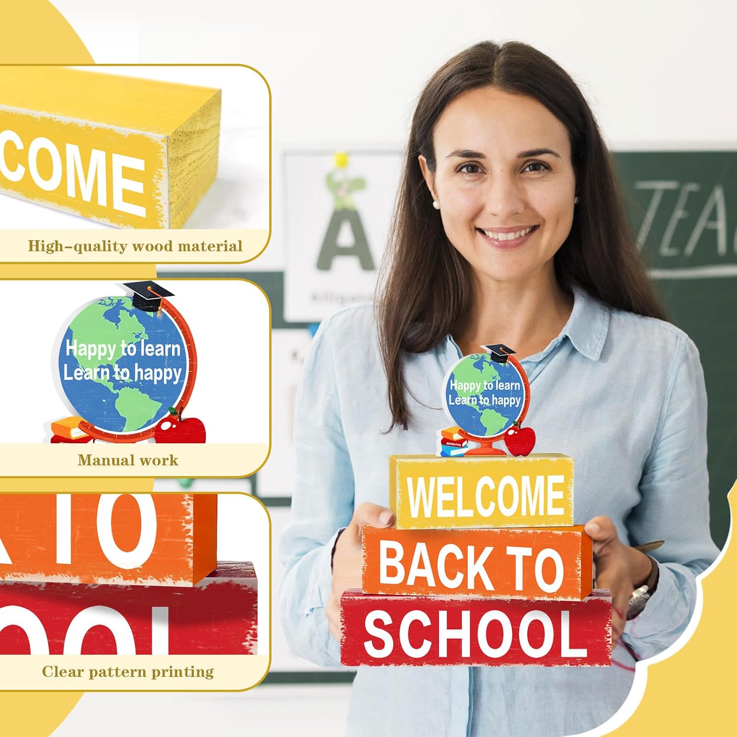 4 PCs Globe Welcome Back to School Wood Table Decor Block Stack Signs Desk Shelf Tiered Tray Decorations for First Day of School Classroom Teacher's Day Gift (Globe) image 4