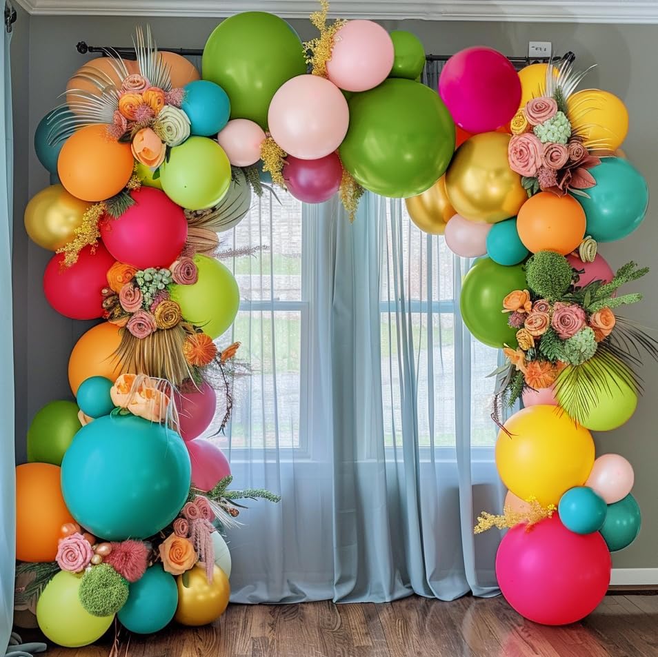Image of Tropical Balloons Arch Pink Green Orange Gold Balloons Pastel Yellow Teal Balloon Garland For Flamingo Beach Hawaiian Luau Aloha Summer Birthday Baby Shower Party Decorations