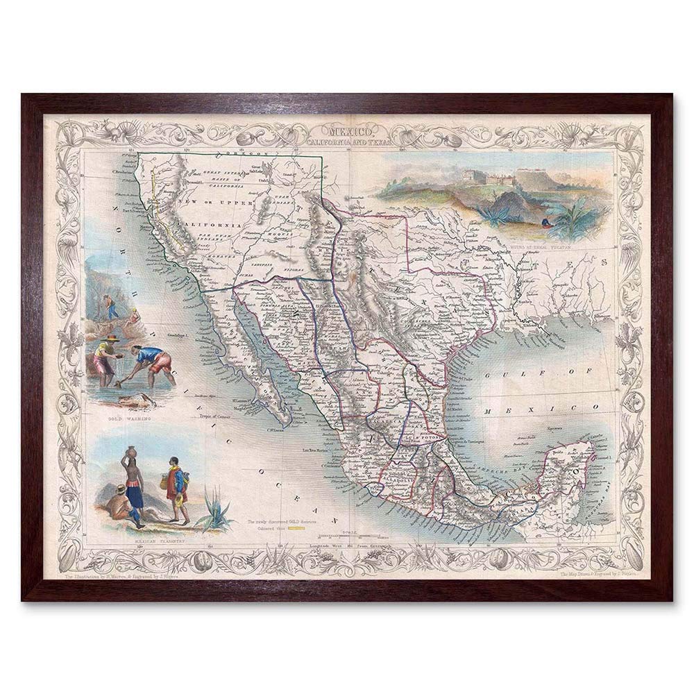 Wee Blue Coo 1851 Tallis Map Mexico Texas And California 1851 Art Print Framed Poster Wall Decor 12X16 Inch