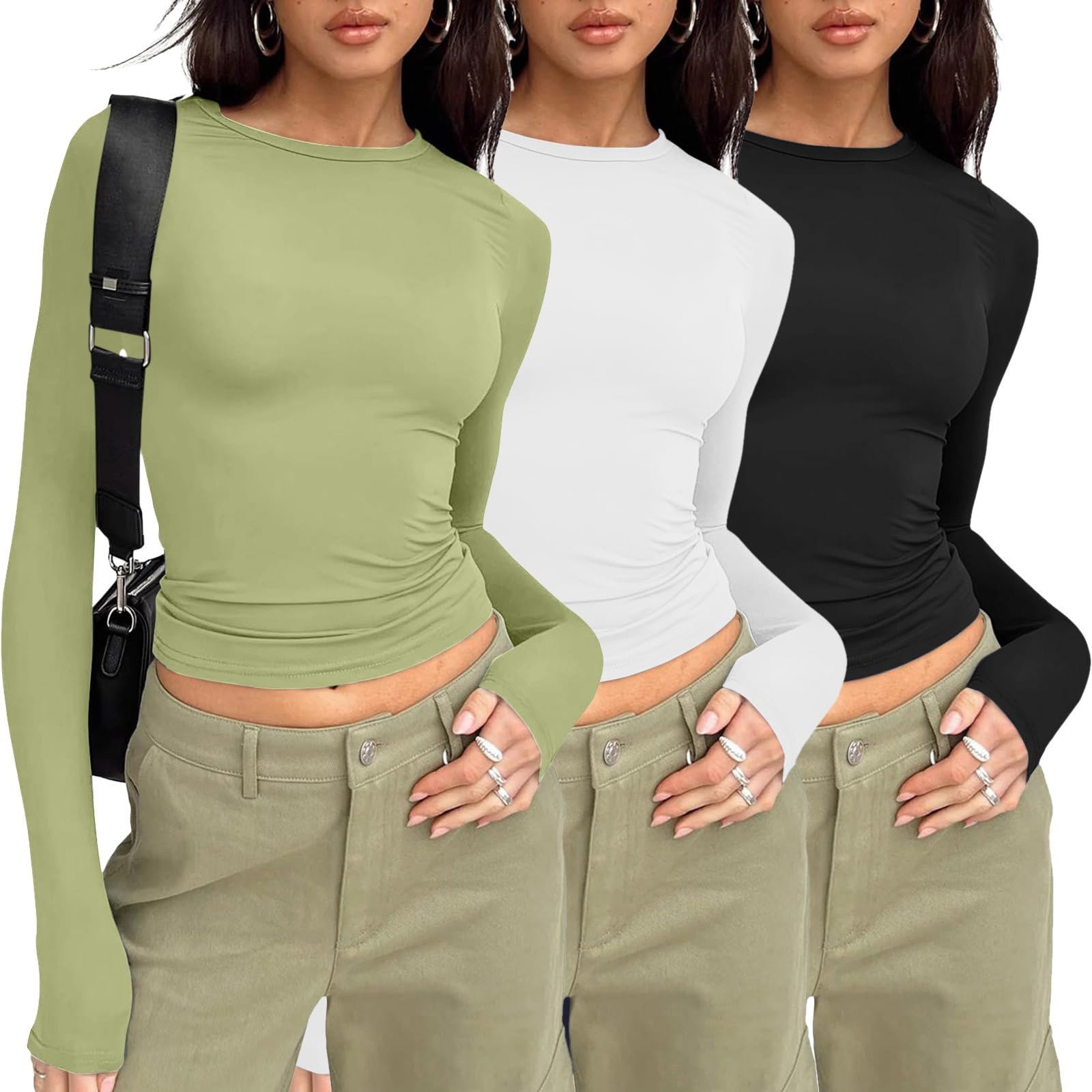 3er Pack T-Shirt Damen Rundhals Tshirt Eng Damen Basic Y2k Top Einfarbig Shirt Kurzarm/Langarm Slim Fit Tshirts
