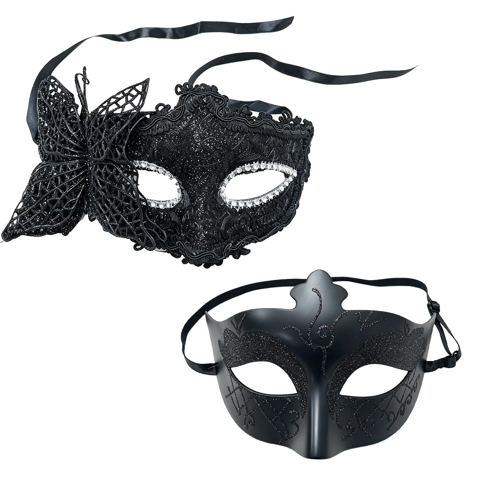 VEINARDYL 2 pcs Couple's Masquerade Masks, Men Women's Venetian Mask for Ball Party Masquerade Sexy Eye-mask Costume - Black
