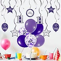 Vista 17 de Juego de decoraciones para fiesta de cumpleaños número 16, serpentinas moradas con soporte de globo de mesa morado, decoraciones de fiesta