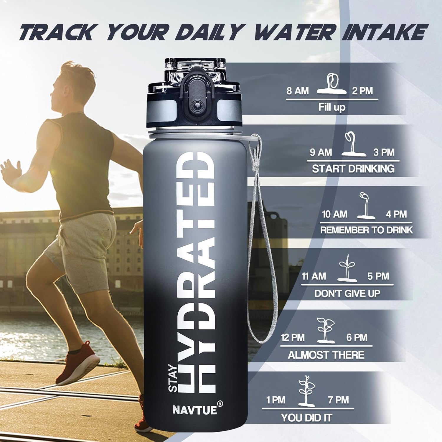 NAVTUE 32oz Motivational Water Bottle With Time Marker - BPA Free Tritan, Leakproof, Carry Strap