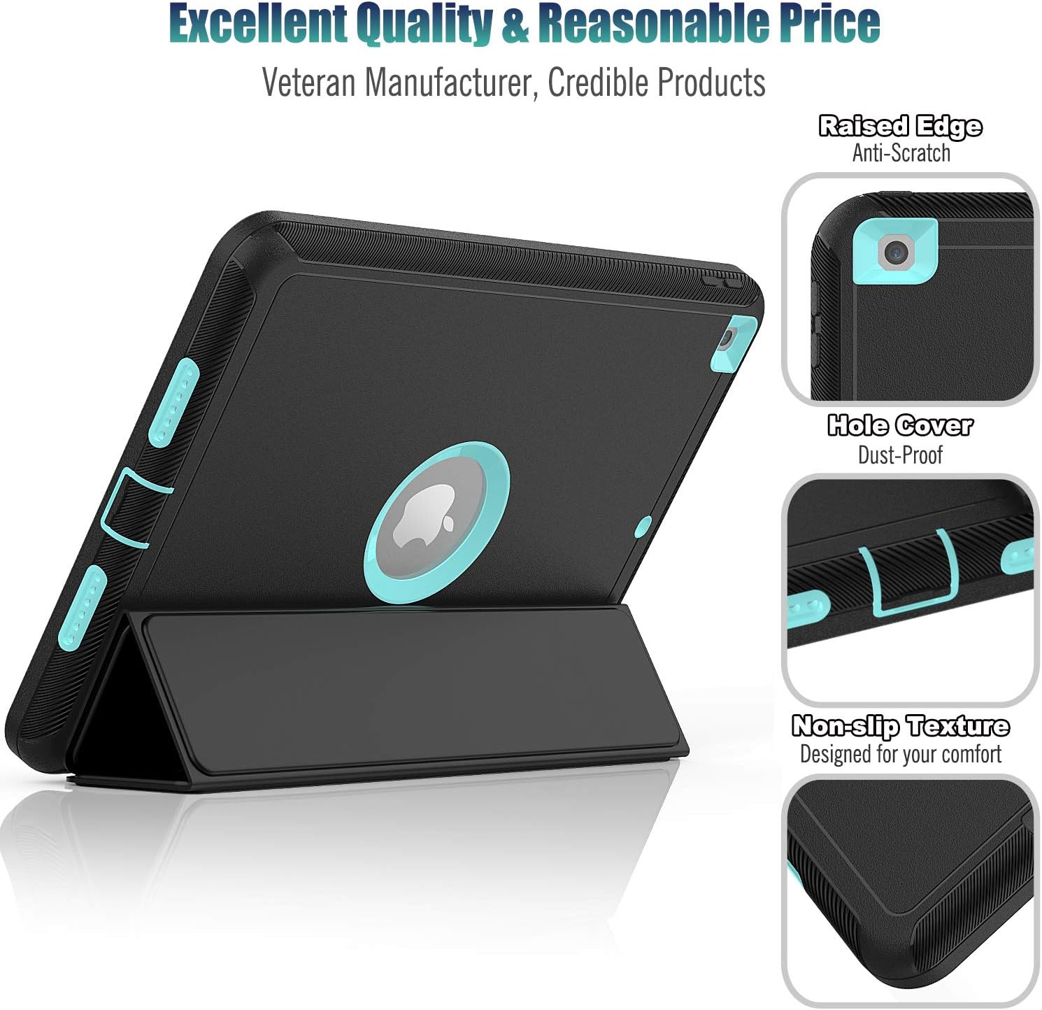 SEYMAC stock Case for iPad 8th/7th Generation 10.2 inch, Heavy Duty Shock Proof Smart Cover Auto Sleep Wake with Leather Stand Feature Case for iPad 10.2 2020/2019 Released (Sky Blue/Black)