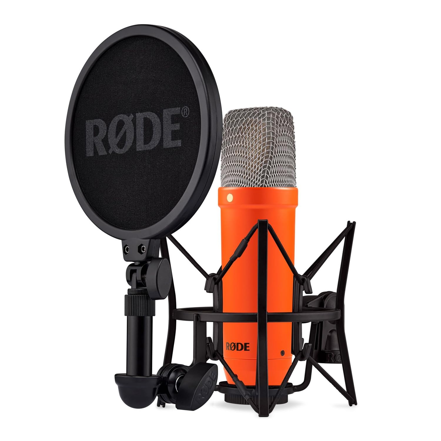 Rode NT1 Signature Studio-Mikrofon Orange mit PSA1+ Gelenkarm-Stativ Orange und keepdrum Mikrofasertuch