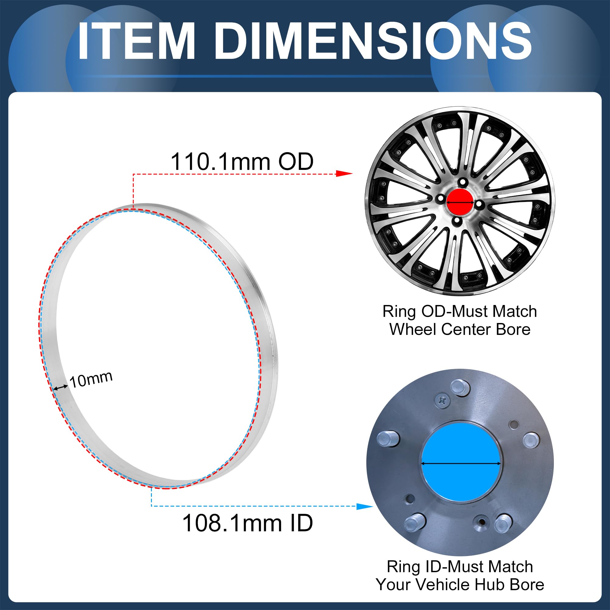 Anelli Centrici del Mozzo della Ruota dell'Auto OD 110.1mm a ID 108.1mm Albero di Centraggio Anelli di Assorbimento degli Urti in Lega di Alluminio Tono Argento Resistente