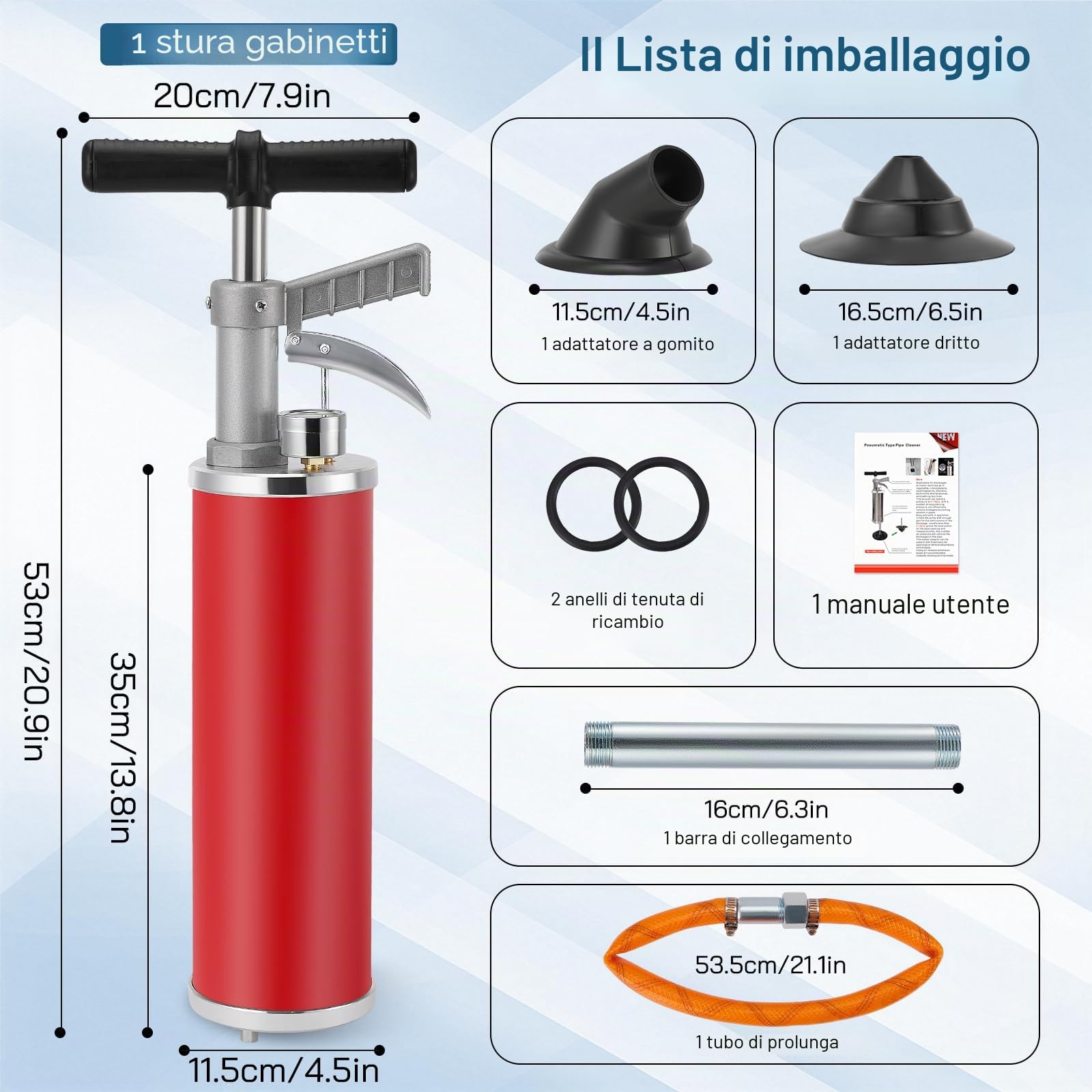 Pompa per la Pulizia Degli Scarichi XXL, Sonda Sturatubi con Manometro Regolabile, Pompa per la Pulizia Degli Scarichi con Ugello Dritto Reversibile, Adatta per Lavandini, Vasche da Bagno, WC