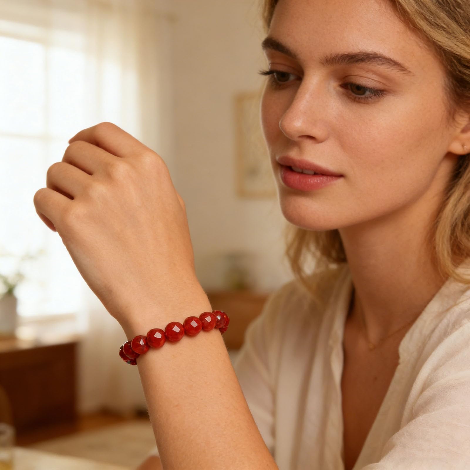 Pulsera clásica de ágata Nanhong: Piedra Preciosa roja Tradicional China para Fuerza y ​​armonía, Regalo de joyería con Cuentas elásticas para Mujeres y Hombres Fengshui,7MM