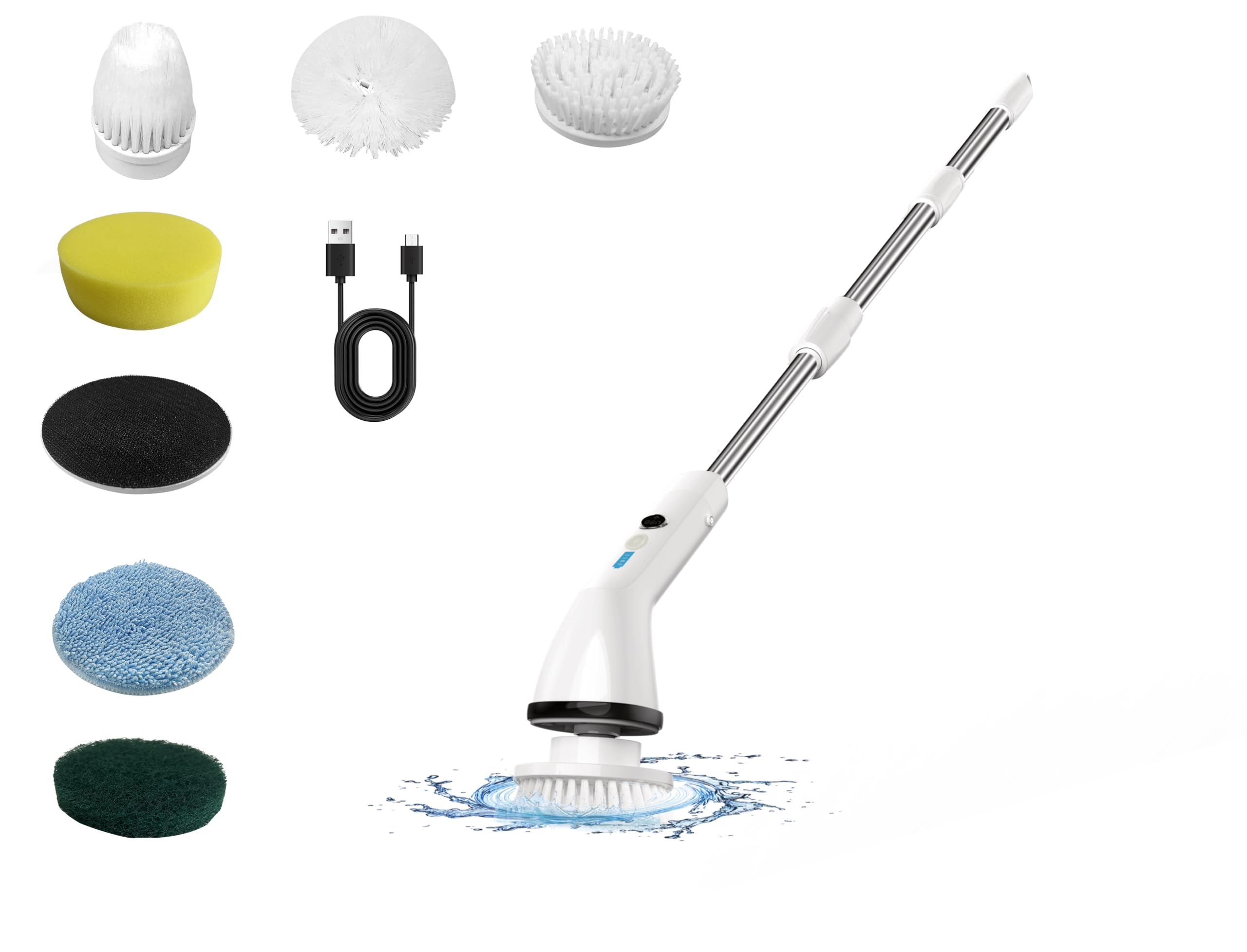 Maxxo Brosse de Nettoyage électrique PS01 7 en 1 avec Tige télescopique et 7 brosses, Brosse de Nettoyage électrique sans Fil pour Salle de Bain, Douche, carrelage, Cuisine, terrasse