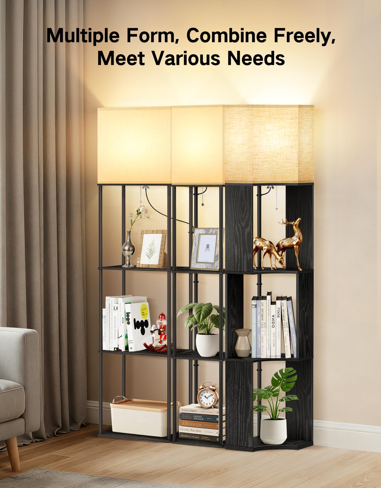 OUTON Lampada da terra con 3 ripiani, piantana design moderno con ripiano | in legno, libreria alta a 3 temperature di colore, LED lettura regolabile, Salotto, Camera, Ufficio (Nero)