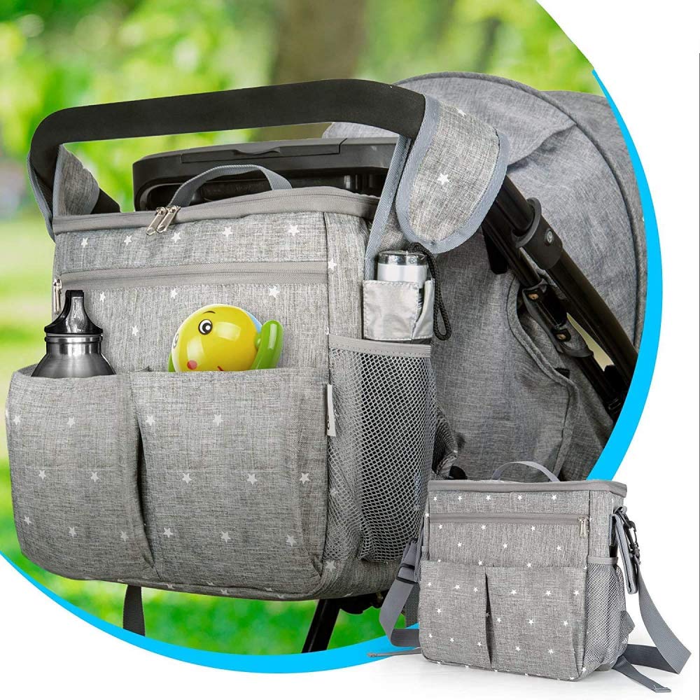 Borsa Organizer Universale Per Passeggino. Grande Console Genitore Coibentata Con Portabicchieri E Tasche Portaoggetti Extra. Design Universale: Si Attacca a Qualsiasi Passeggino. Installazione Facile