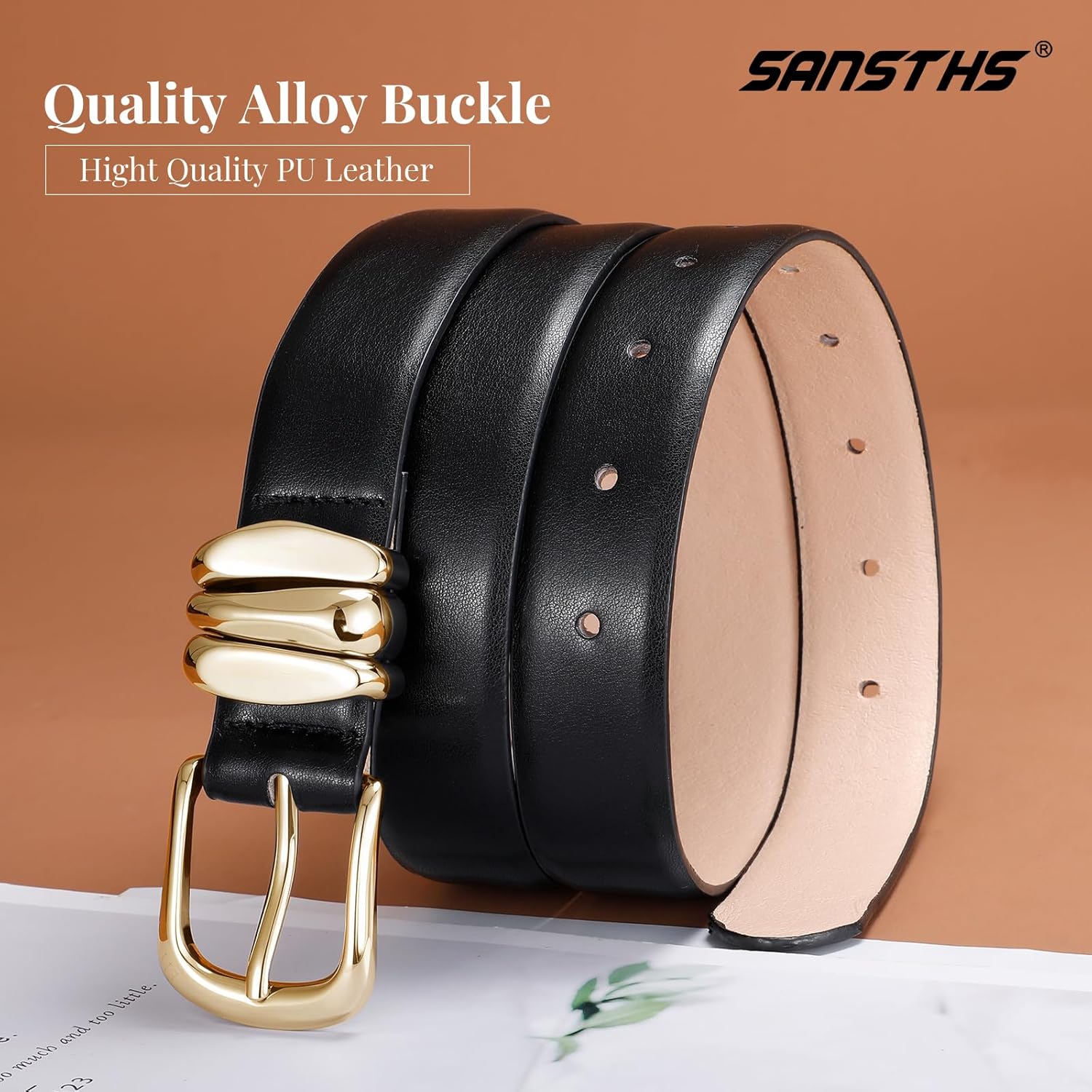 SANSTHS Womens Belt with Statement Triple Gold Keeper Loops, Stylish Ladies Waist Belt for Jeans Dresses Formal Wear - Image 3