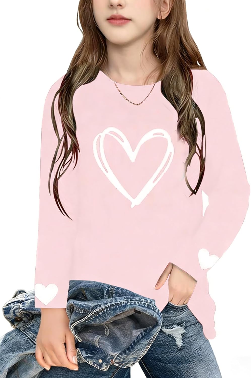 Girls Valentines Day Shirt：Cute Heart Graphic Long Sleeve Tee Tops 6-14y