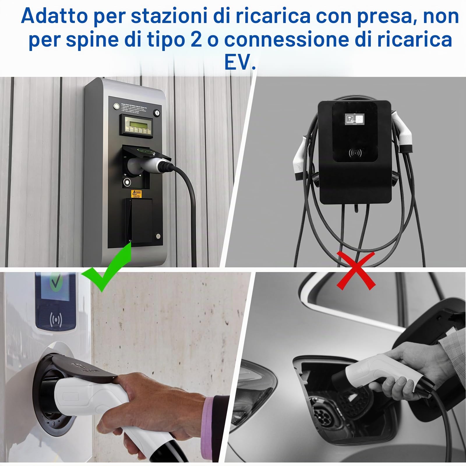 Adattatore da Tipo 2 a Schuko per Ricarica Auto Elettrica, 16 A, 3,5 kW, 0,7 m, 230 V per EV, E-Bike, Scooter Elettrico, Moto, Solo per Stazione di Ricarica e Wallbox con Pulsante di Arresto