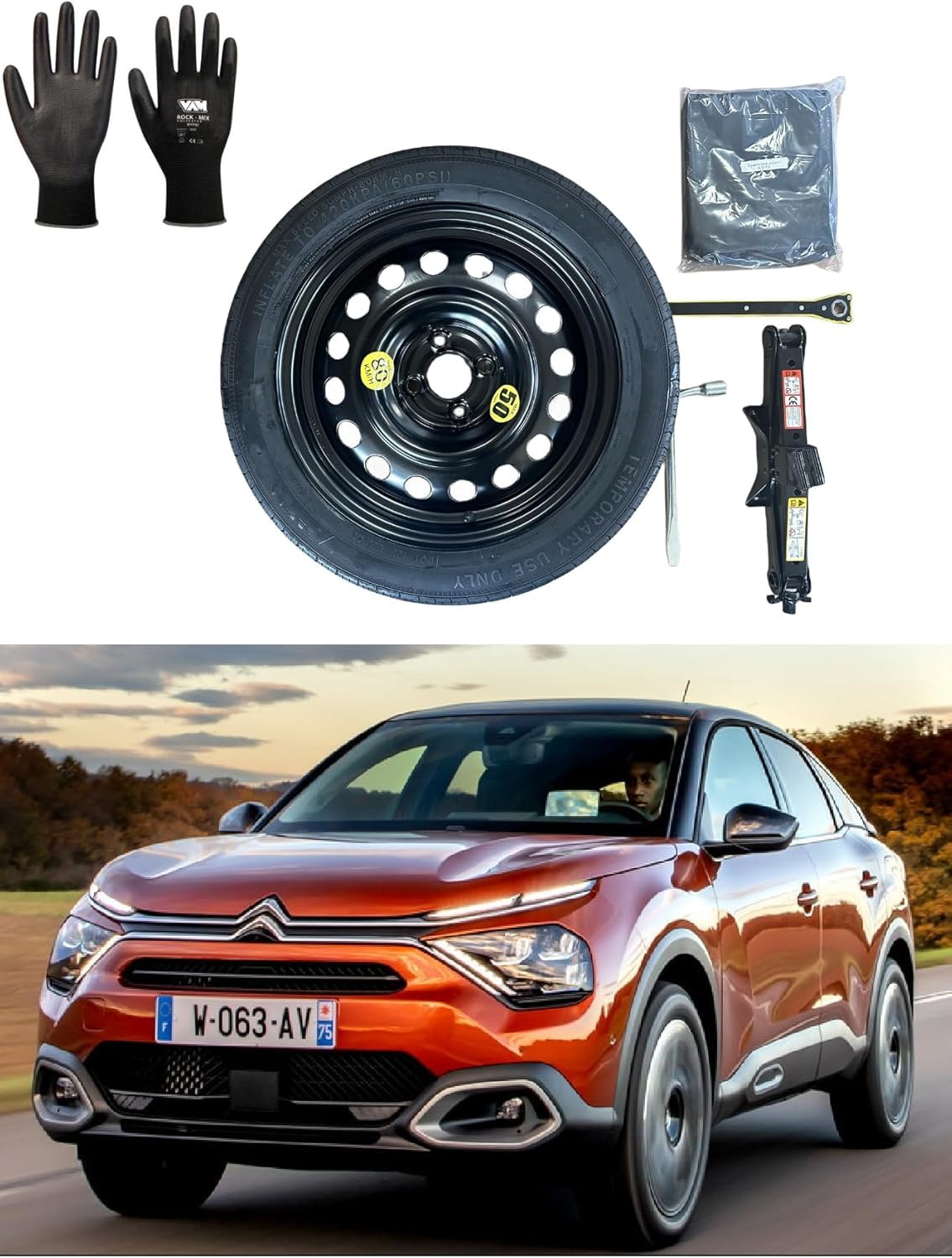 Kit rueda de repuesto 17" 135/80R17 compatible con Citroën C4 X con gata, llave y funda
