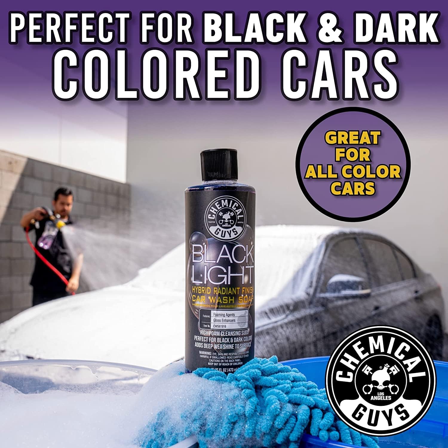 Chemical Guys CWS61964BK Car Wash Detailing Bucket, Mitt & Accessories Bundle (6 Items) Featuring Black Light Foaming Car Wash Soap, 64 oz (Half Gallon) - Works on Cars, Trucks, SUVs, RVs & More