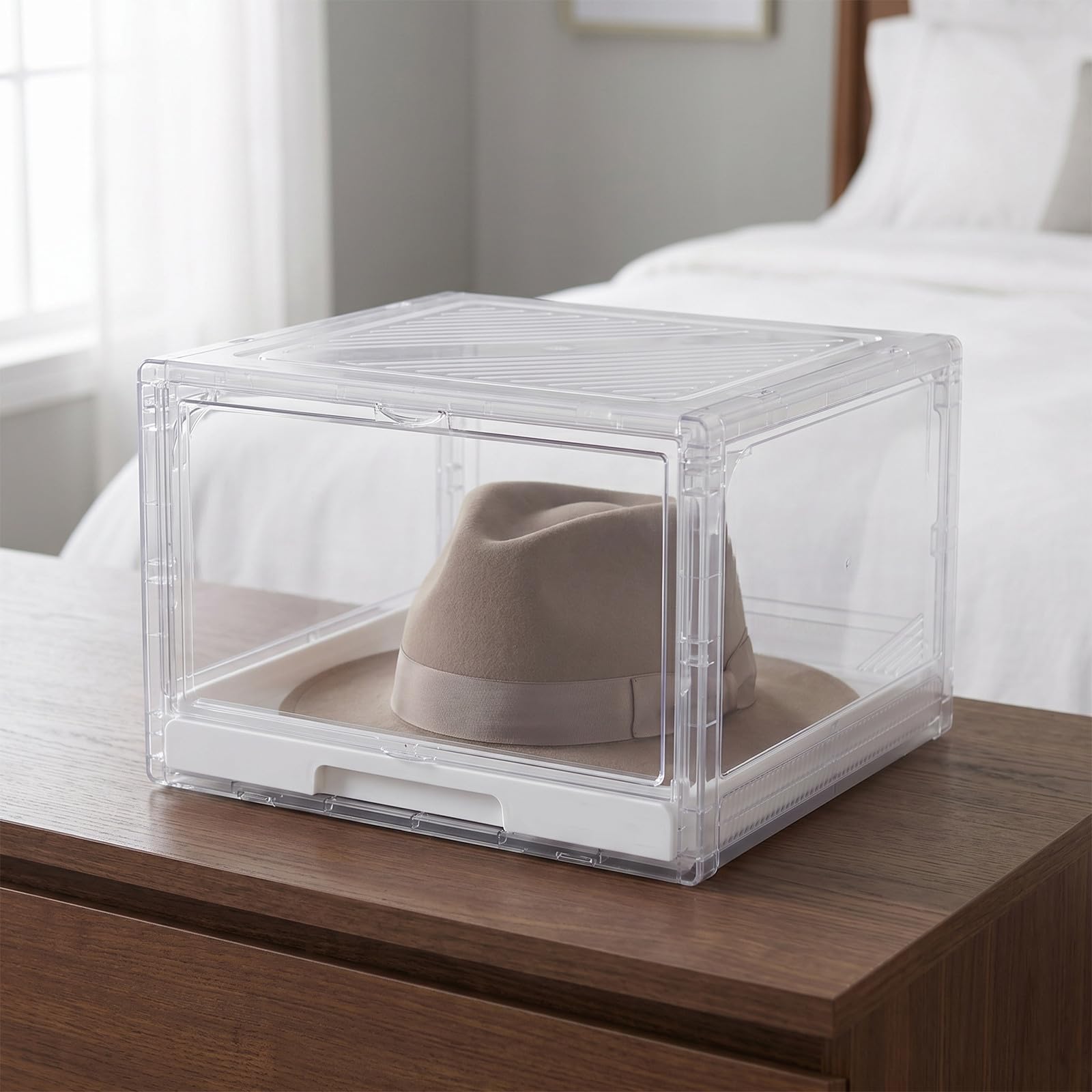 ibasenice Scatola per Cappelli Design Rettangolare con Cassetto Estraibile Trasparente in Pp 27x21x37cm, Antipolvere, Visibilità per Organizzazione in Interno