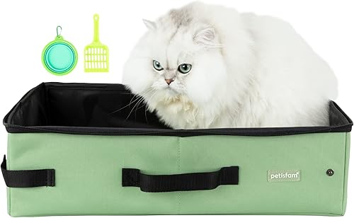 Caja de arena de viaje portátil para una fácil conducción con gatitos y gatos. Ligera, resistente, a prueba de fugas, plegable (grande, verde)