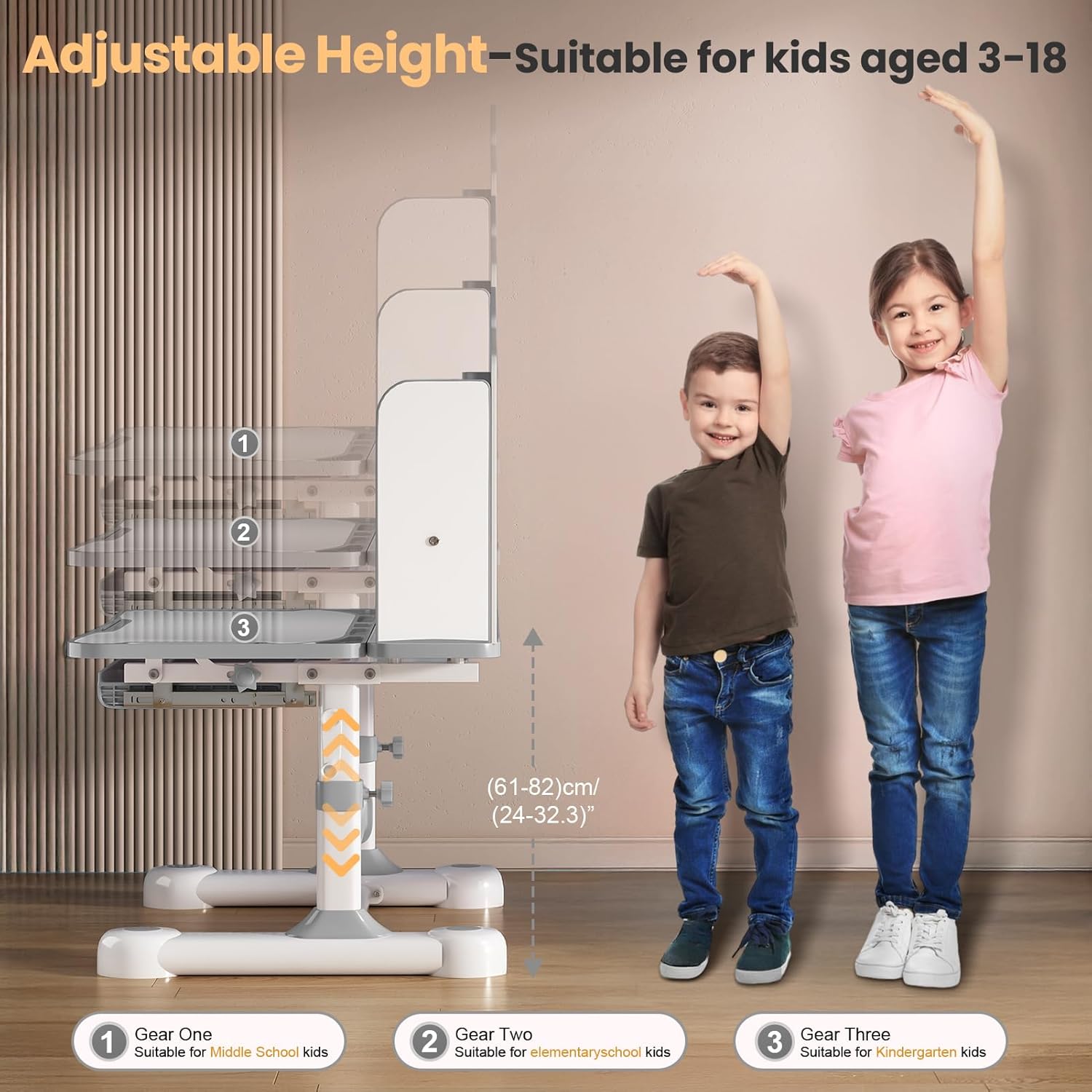 Kids Desk and Chair Set - Height Adjustable Ergonomic Study Desk with Easy-Turn Crank, 50° Tiltable Desktop, Storage Drawer & Built-in Bookstand for Children Boys & Girls Ages 3-12 (Grey)