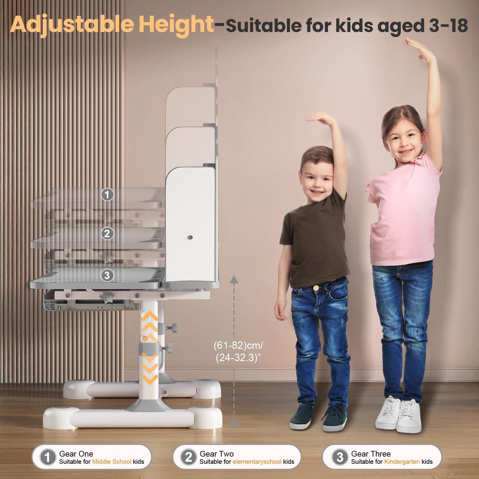 Kids Desk and Chair Set, Height Adjustable Study Desk for Kids Ages 3–12, Easy-Turn Crank Ergonomic Desk with 50° Tiltable Desktop, Storage Drawer & Bookshelf (015-Grey)