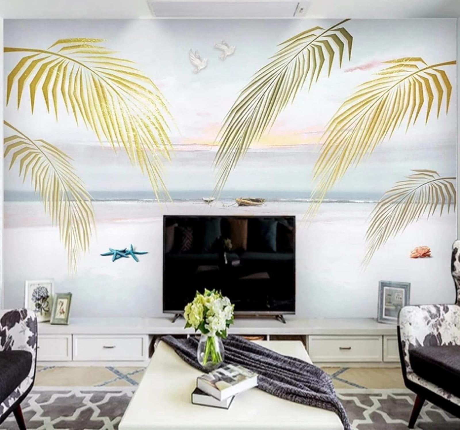 XLMING Ethereal Sea Beach Plants Palm Leaves 3D Wallpaper Luxury Home Dining Decor Paste Sofa Living Room The Wall for Bedroom Mural-430cm×300cm