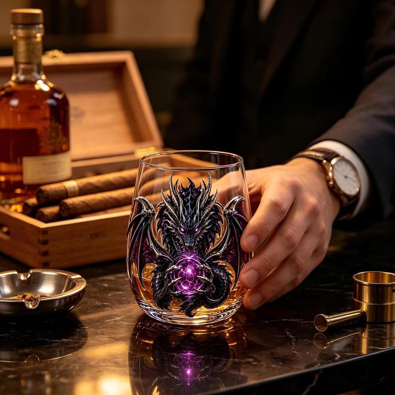 Dragon Whiskey Glasses,3D Carved Stemless Tumbler Set for Whisky Wine