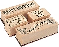 Juvale 4-Piece Wood-Mounted Rubber Stamps for Card Making - Includes Thank You & Happy Birthday Stamps - Wood Block Grip - Brown, 3 x 1 in, 1.5 x 1 in