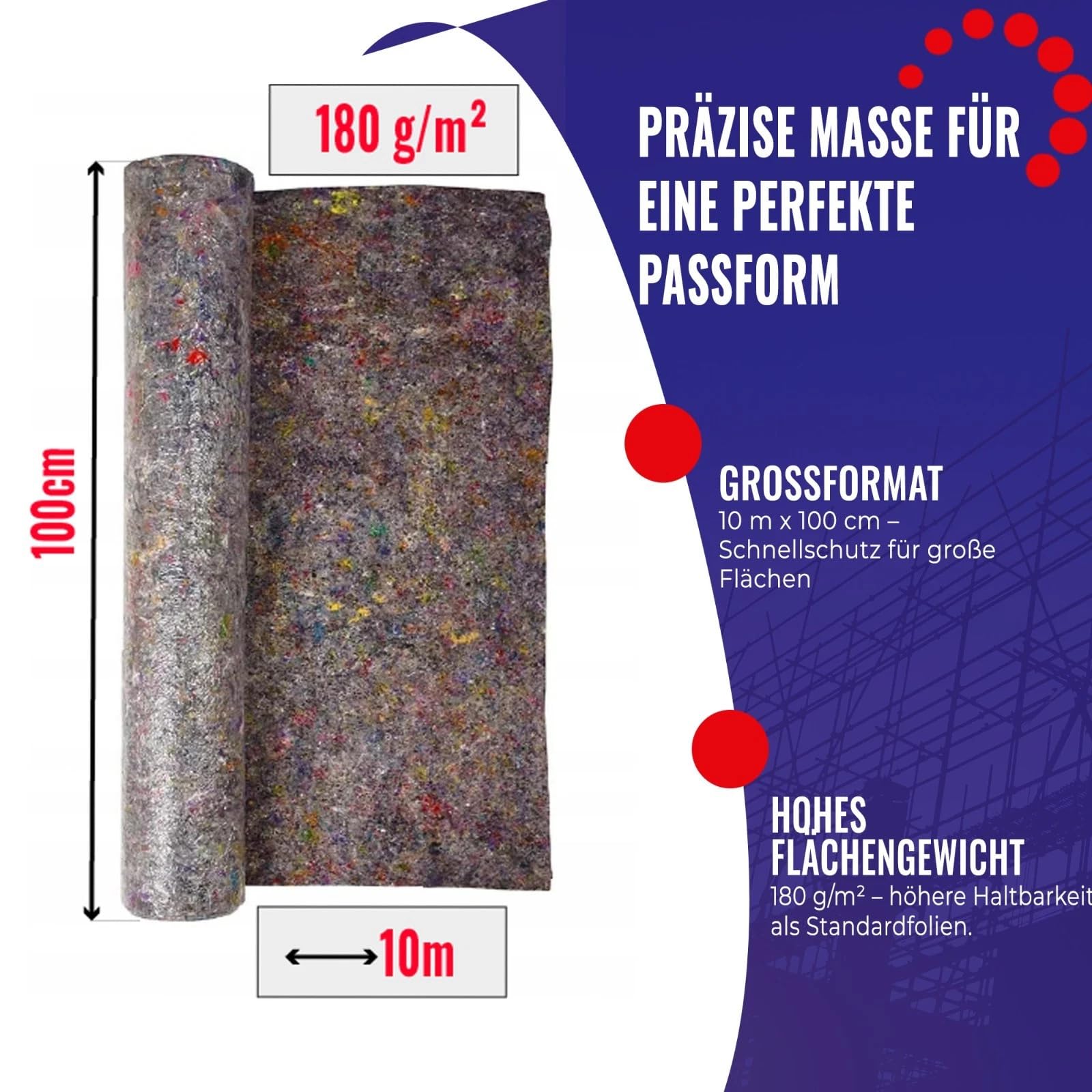 Chle-Mar – 5x Mata Malarska 10 m x 1 m 180 g/m² | Włóknina Ochronna z Folią PE Wodoodporna i Antypoślizgowa | Wielorazowa Mata Renowacyjna do Ochrony Podłóg i Schodów | Włóknina Malarska do Remontu