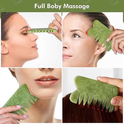 Miniatura 4 de Peine de masaje de jade natural, peine de cuero cabelludo raspado Guasha, herramientas de masaje de cabeza de mano multifuncionales (estilo 3)