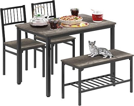 Dining Table Set for 4, Kitchen Table and 2 Chairs with Bench | 4 Piece Dining Table Set for Small Space, Apartment, Space-saving Dining Room Set with Storage