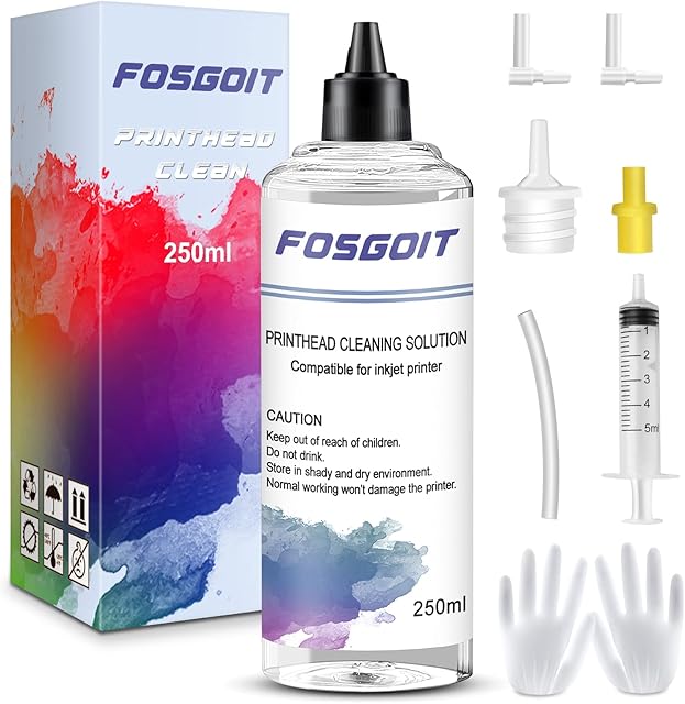 Fosgoit Printhead Cleaning Kit Work for Epson Brother HP Canon Lexmark WF3640 WF-7710 WF7720 8600 8610 2550 7620 8620 MG5225 WF-2750 WF-2650 ET2750 ET4750 Inkjet Printers, Printer Nozzle Cleaner 250mL