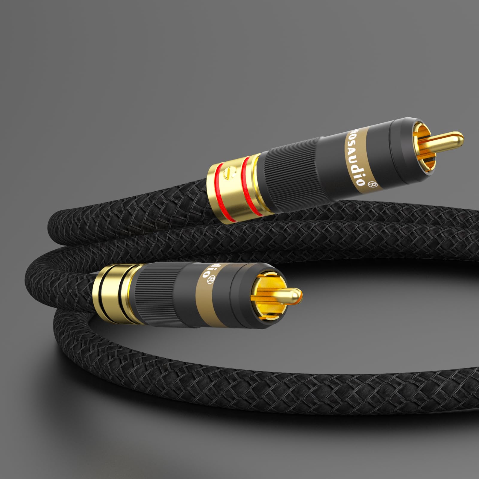 Monosaudio High-End HiFi Cinch-Kabel 1m A202R | 5N OFC Versilbert Kupfer, 24K Vergoldete Kontakte, Doppelabschirmung geflochten
