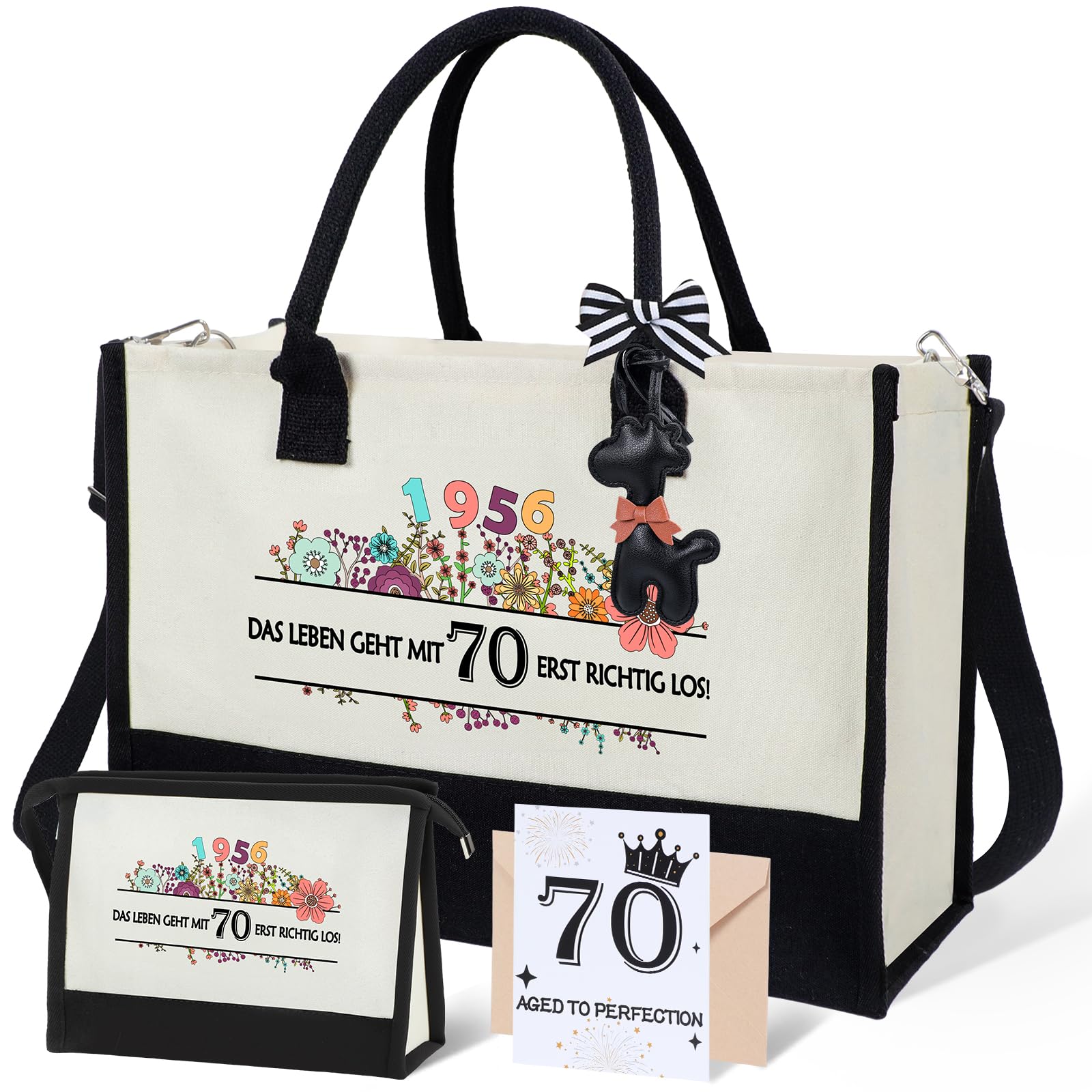 Seutgjie Geschenk Frau Rentner Geburtstag Weihnachten Canvas Tragetasche Kosmetiktasche mit Glückwunschkarte