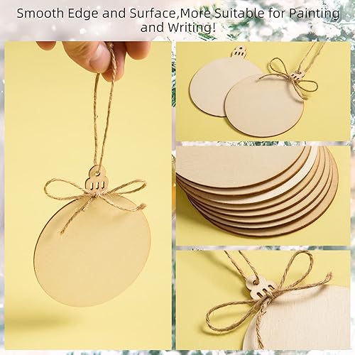 Miniatura 3 de 72 piezas de adornos de Navidad de madera, círculos de madera sin terminar con agujeros, discos redondos de madera, rebanadas de madera en blanco,