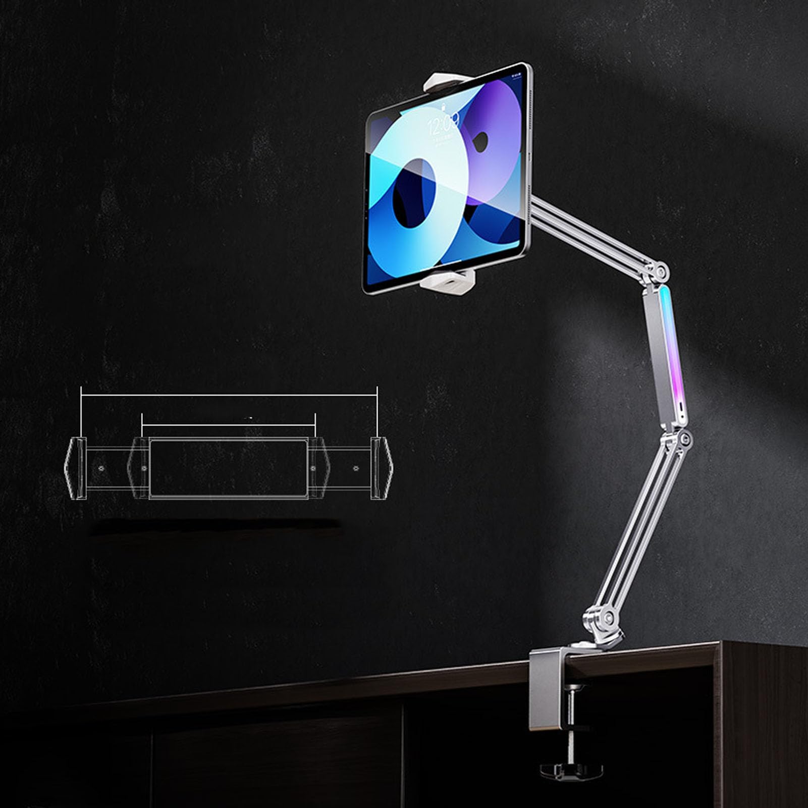 Soporte para Teléfono para Escritorio, Cama, Rotación de 360 ​​Grados, Brazo Largo Ajustable, Soporte para Teléfono Celular, para Tableta con Abrazadera y Luz Ajustable, Plegable y Portátil