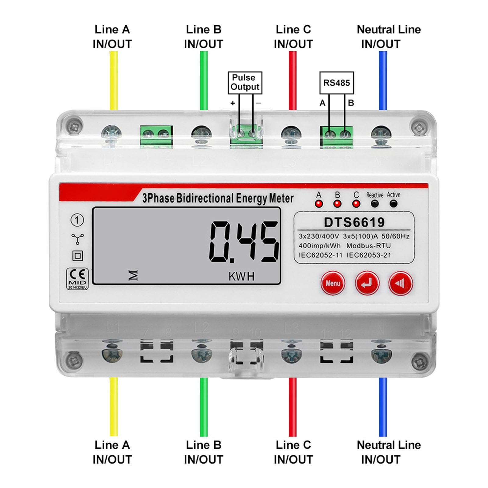 3 Phase 4 Draht -Energie -Messgerät - Digitales Elektrometer, DIN -Schienenhalterung - LCD -Display, multifunktional, bidirektional - 3 x 230 400 V - Stromüberwachung -