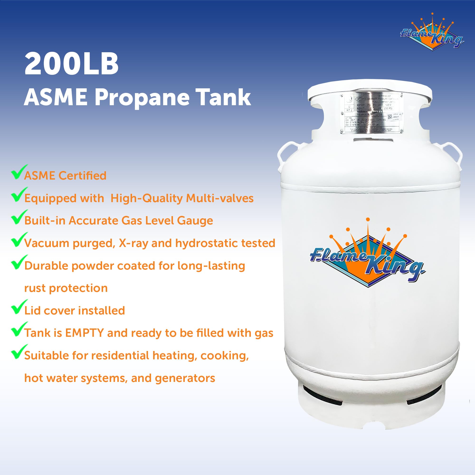 Flame King CYL200ASME 200-Pound ASME Propane Tank, Multi-Valves with Accurate Gas Level Gauge