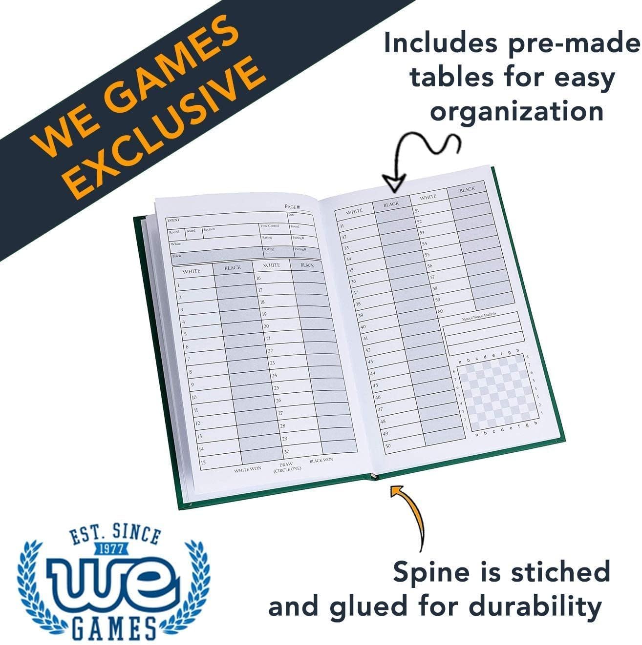 WE Games (6 Count) Scorebook & Notation Book - Green Hardcover Chess Books with 100 Pages, Ideal for Clubs & Tournaments