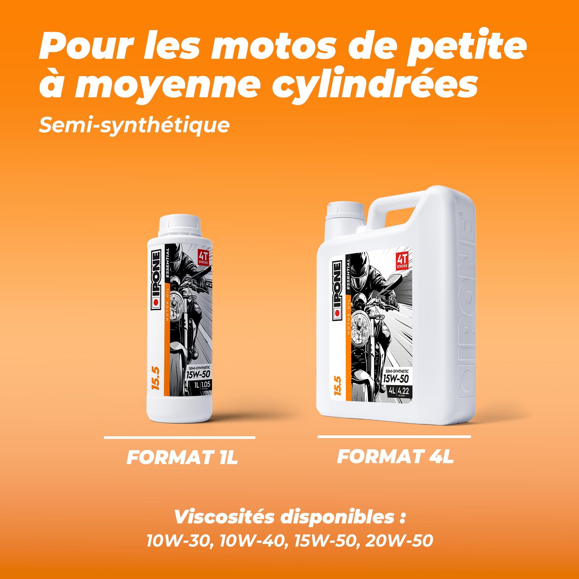 IPONE – Huile Moteur Moto 4 Temps 10W40 10.4 – Bidon 4 Litres - Semi-Synthétique - Gamme Essential - Protection efficace du moteur - Fiable et accessible - Usage de la moto régulier