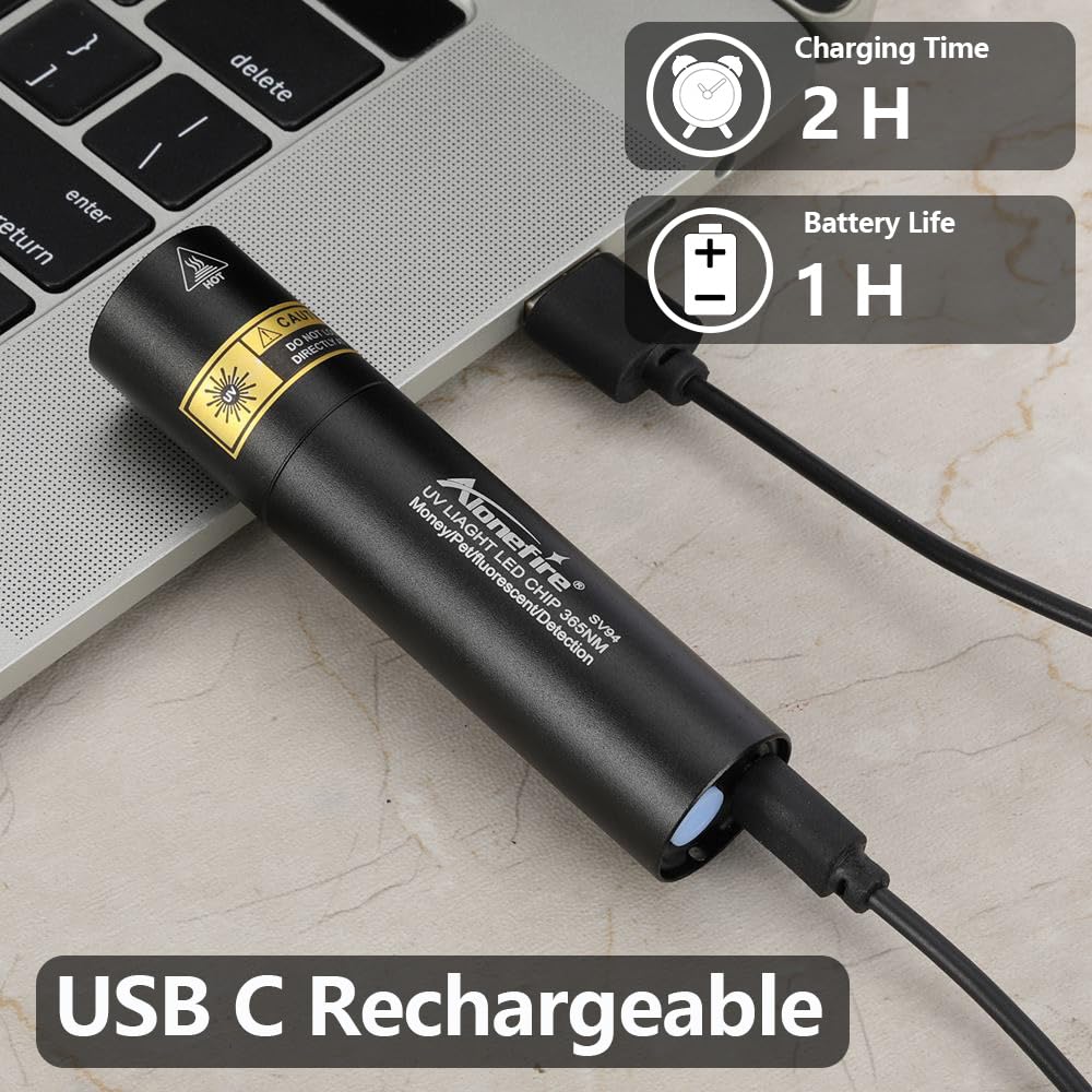 Alonefire SV114 3W Lampe Torche UV LED 365nm Petit Type C USB